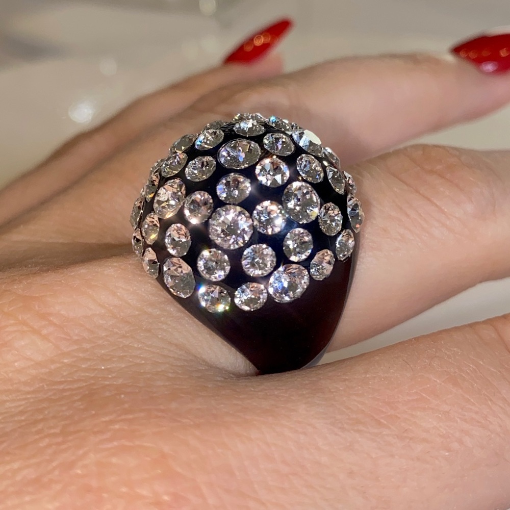 Women’s Black Acrylic Ring Embellished With Swarovski Crystal Stones, Dome Shape
